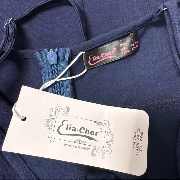NWT Elia Cher Navy Midi Dress Deep V Neck Strappy Back Summer Size L - Picture 8 of 8